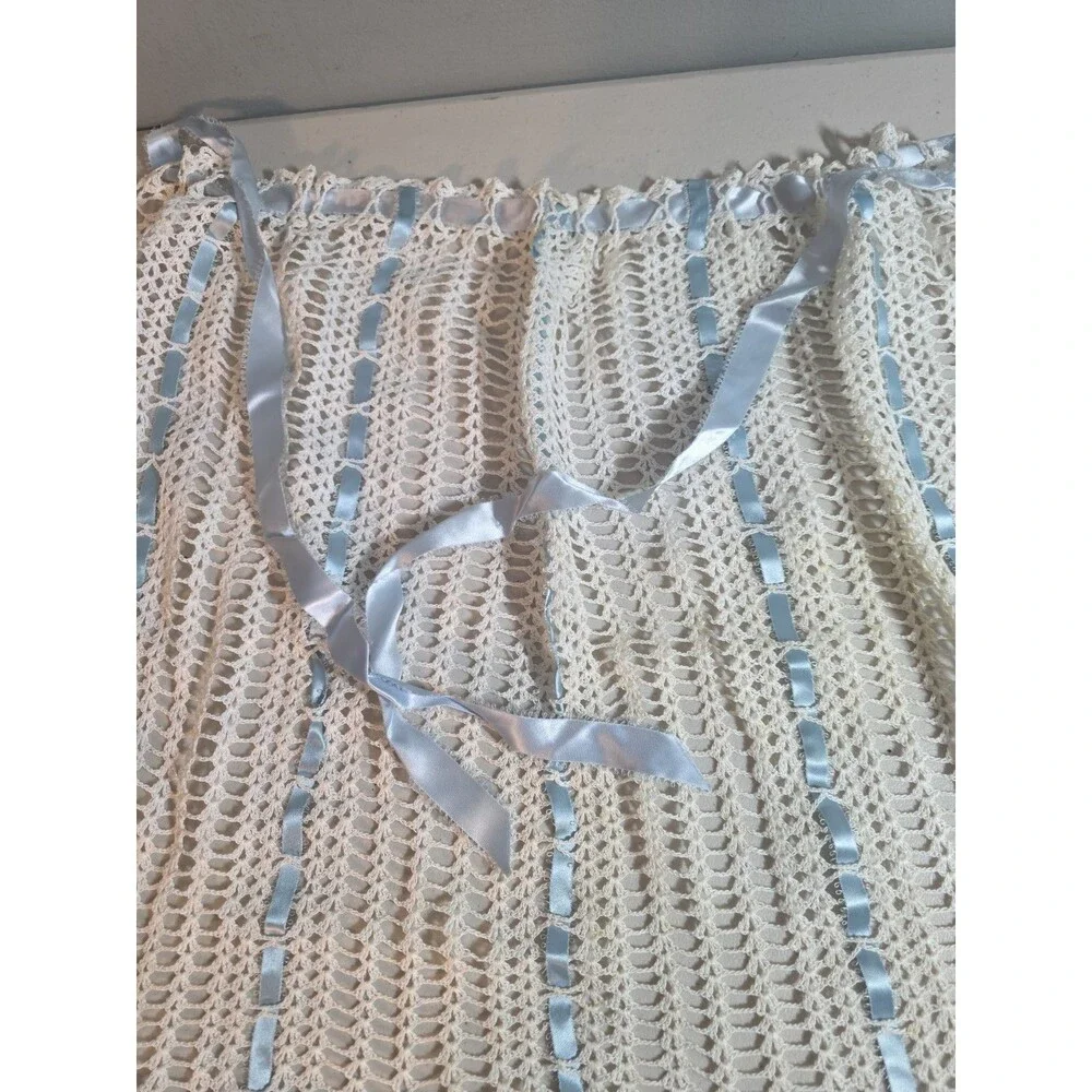 Vintage Handmade White Crochet Lace Apron with Blue Ribbon Ties